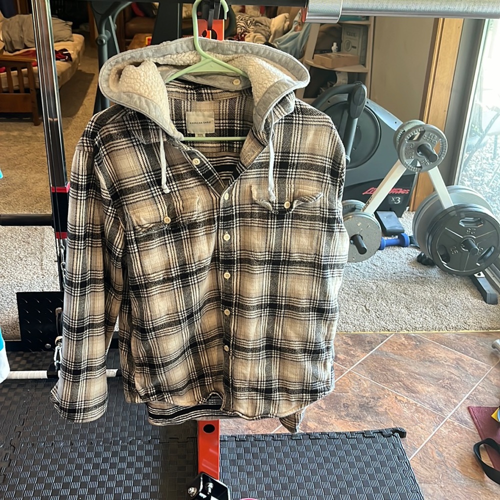 Mens Medium American Eagle flannel with wool detachable hood